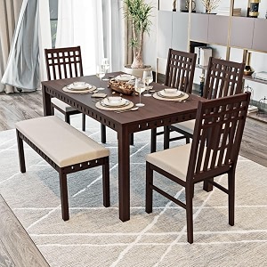 wakefit dining table set  3 years warranty  dining table dining table 6 seater dining table 6 seater with chairs and bench with cushion - kopra sheesham wood brown