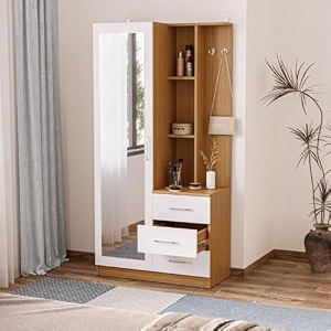 wakefit dressing table with storage and mirror  1 year warranty  wardrobe with dressing table engineered wood - urban teak amp frosty white mako
