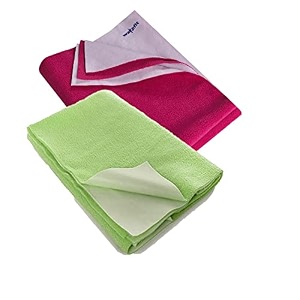 wakefit dry sheet for new born baby  waterproof sheet for toddler  anti-piling fleece extra absorbent quick dry sheet  infant bed protector  medium 100x70 cms  pista green amp magenta - set of 2