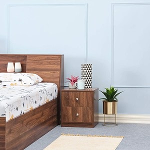 wakefit bedside table engineered wood side table with storage with double drawer  1 year warranty  - elara - columbian walnut