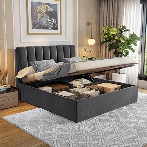 wakefit bed  king 78 x 72 solid wood bed upholstered hydraulic storage 3 year warranty - antho - velvet space grey