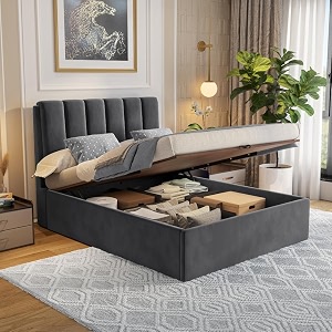wakefit bed  queen 78 x 60 solid wood bed upholstered hydraulic 3 year warranty - antho - velvet space grey