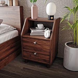 wakefit bedside table engineered wood side table with storage with double drawer  1 year warranty  - orion - columbian walnut