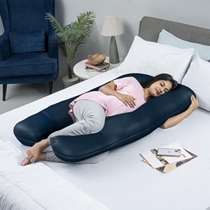wakefit pregnancy pillow  6 months warranty  100 cotton j-shape maternity pillow for pregnant mothers pillow for pregnant women with breathable amp no heat fabric  navy blue