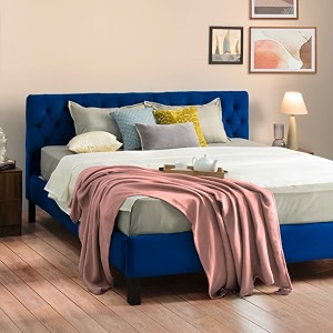 wakefit bed  king 78 x 72 solid wood bed upholstered without storage 3 year warranty - solis - velvet blue