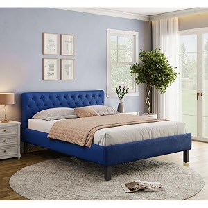wakefit bed  queen 78 x 60 solid wood bed upholstered without storage 3 year warranty - solis - velvet blue