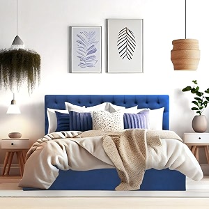 wakefit bed  queen 78 x 60 solid wood bed upholstered with storage 3 year warranty - solis - velvet blue
