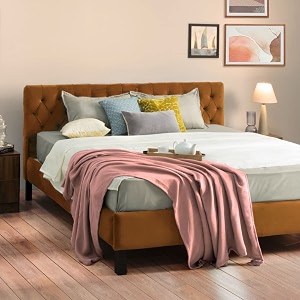 wakefit bed  queen 78 x 60 solid wood bed upholstered without storage 3 year warranty - solis - velvet amber