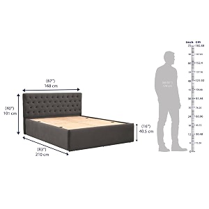wakefit bed  queen 78 x 60 solid wood bed upholstered with storage 3 year warranty - solis - velvet stone