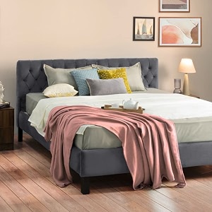 wakefit bed  queen 78 x 60 solid wood bed upholstered without storage 3 year warranty - solis - velvet space grey