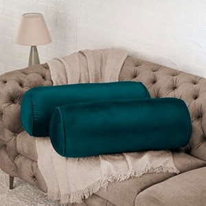 wakefit super soft bolster pillow  set of 2  25x10 inch  hollow fiber filling amp premium velvet fabric  machine washable pillow  for bed sofa amp diwan  green