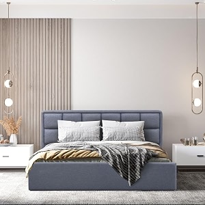 wakefit bed  queen 78 x 60 solid wood bed upholstered with storage 3 year warranty - surma - omega blue