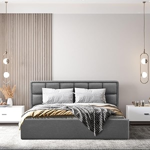 wakefit bed  queen 78 x 60 solid wood bed upholstered with storage 3 year warranty - surma - omega grey