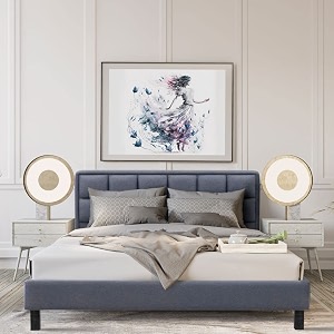 wakefit bed  queen 78 x 60 solid wood bed upholstered without storage 3 year warranty - surma - omega blue