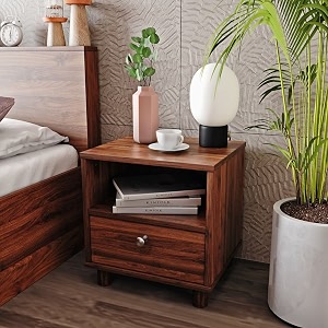 wakefit bedside table engineered wood side table with storage with single drawer  1 year warranty  - taurus - columbian walnut