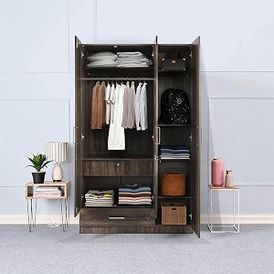 wakefit wardrobe  1 year warranty  engineered wood almirah cupboard for clothes storage  3 door 1 drawer 1 hanging space  cashmere - napa oak