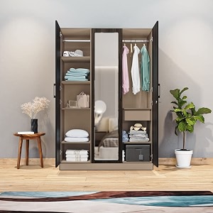 wakefit wardrobe  1 year warranty  engineered wood almirah cupboard for clothes storage  3 door mirror 6 shelves 1 drawer 1 hanging space  cashmere plus - frappe-wyoming maple