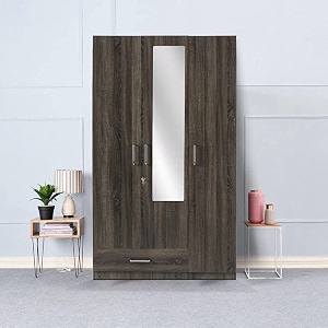 wakefit wardrobe  1 year warranty  engineered wood almirah cupboard for clothes storage  3 door mirror 1 drawer 2 hanging space  cashmere - napa oak