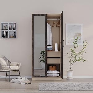 wakefit wardrobe  1 year warranty  engineered wood almirah cupboard for clothes storage  2 door mirror 1 shelf 2 drawers 1 hanging space  cashmere plus - frappe-wyoming maple