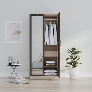 wakefit wardrobe  1 year warranty  engineered wood almirah cupboard for clothes storage  2 door mirror 2 shelves drawer 1 hanging space  cashmere plus - frappe-wyoming maple