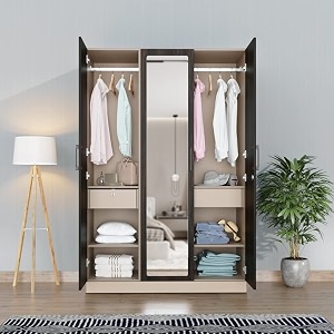 wakefit wardrobe  1 year warranty  engineered wood almirah cupboard for clothes storage  3 door mirror 4 shelves 2 drawers 2 hanging space  cashmere plus - frappe-wyoming maple