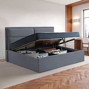 wakefit bed  king 78 x 72 solid wood bed upholstered with storage 3 year warranty - zewail - velvet space grey