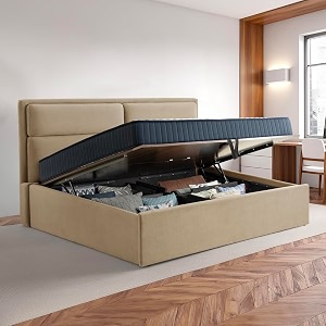 wakefit bed  king 78 x 72 solid wood bed upholstered with storage 3 year warranty - zewail - napoli beige