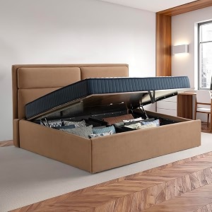 wakefit bed  king 78 x 72 solid wood bed upholstered with storage 3 year warranty - zewail - napoli tan
