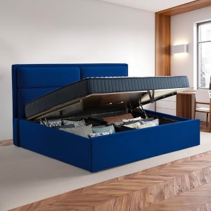 wakefit bed  king 78 x 72 solid wood bed upholstered with storage 3 year warranty - zewail - velvet blue