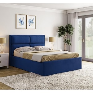 wakefit bed  queen 78 x 60 solid wood bed upholstered with storage 3 year warranty - zewail - velvet blue