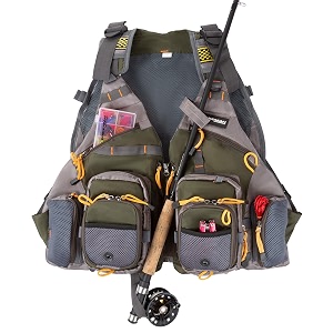 wakeman outdoors 18 pocket fishing vest  lightweight adjustable tackle organizer jacket with rod holder for lake stream and pond fishing 18-pocket
