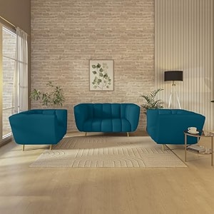 wakeup india sofa  mushy premium fabric sofa set  4 seater sofa  pocket spring cushion  padded cushioned armrest  3 years warranty  metal leg with golden polish peacock blue seating-211