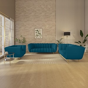wakeup india mushy premium fabric sofa set  5- to 6-person sofa  pocket spring cushion  padded cushioned armrest  metal leg with golden polish peacock blue seating-321  3 years warranty