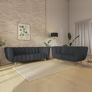 wakeup india sofa  mushy premium fabric sofa set  5 seater sofa  pocket spring cushion  padded cushioned armrest  metal leg with golden polish dark grey seating-32  3 years warranty