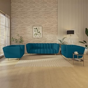wakeup india mushy premium fabric sofa set  1 seater sofa  pocket spring cushion  padded cushioned armrest  metal leg with golden polish peacock blue seating-1  3 years warranty