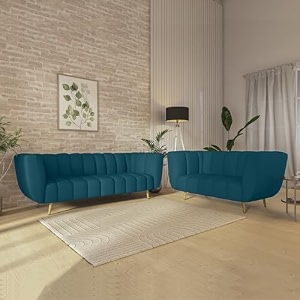 wakeup india sofa  mushy premium fabric sofa set  5 seater sofa  pocket spring cushion  padded cushioned armrest  metal leg with golden polish peacock blue seating-32  3 years warranty