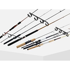 wall or ceiling fishing rodpole rack holder storage hook hanger oranizer display metal wall mounted holds up to 8 fishing rods for garage cabin and basement