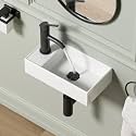 Wall Mount Bathroom Sink, QISHKA 16" x 8.5" Modern Ceramic Rectangular Floating Sink, White Rectangle Wall Hung Wash Basin Vessel Sink, Save Space for Bathrooms (Left Hand)