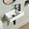 Wall Mount Bathroom Sink, QISHKA 16.1" x 8.5" Modern Ceramic Rectangular Floating Sink, White Rectangle Wall Hung Wash Basin Vessel Sink, Save Space for Bathrooms (Right Hand)