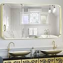 Gold Bathroom Mirror 28x60in, Metal Framed Rounded Rectangle Wall