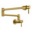 Wall Mount Spout Cold Water Only Double Lever Handle Brushed Brass Kitchen Sink Faucet Stove, Pot Filler Faucet with Dual Joint Swing Armk Sink Faucet, Brushed Old Gold-PVD