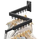 Wall Mounted Foldable Clothes Drying Rack, Heavy Duty 3-Fold Laundry Airer with Ring Hook Design, Space Saving Aluminum Rack for Balcony Bathroom Laundry Room,Black Rings