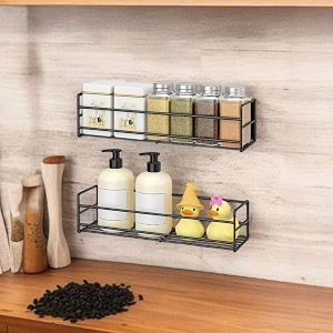 wall mounted kitchen amp bathroom organizer rack  no drill free adhesive stickers for spice jars shampoo amp soap bottles metal storage rack for home bathroom amp kitchen black