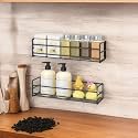 Wall Mounted Kitchen &amp; Bathroom Organizer Rack | No Drill FREE Adhesive Stickers for Spice Jars, Shampoo &amp; Soap Bottles |Metal Storage Rack for Home, Bathroom &amp; Kitchen (Black)