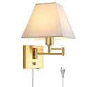Wall Mounted Lamp Plug in Wall Sconce with Dimmable Switch Swing Arm Wall Lamp Whire Fabric Shade with USB Port Gold Wall Sconce Suitable for Hallway Bedroom Living Room…