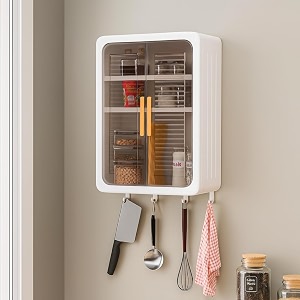 wall mounted multipurpose storage cabinet with transparent doors bathroom toiletry shelf spice rack with hooks for home kitchen amp bathroom white