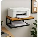 Wall-Mounted Printer Stand with Storage Shelf, Wood and Metal, 2-Tier, for Home Office