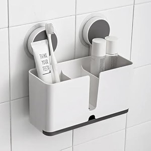wall mounted toothbrush holder for bathroom  multipurpose toothbrush stand for electric toothbrush toothpaste amp cosmetic brushes  bathroom organizer with drainage tray amp divider storage