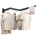 Wall Mounted Tri-Fold Clothes Drying Rack, Heavy Duty Collapsible Laundry Drying Rack, Space-Saving Retractable Foldable Drying Rack Clothes for Laundry Room Balcony Bathroom,Black-Hooks