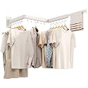 Wall Mounted Tri-Fold Clothes Drying Rack, Heavy Duty Collapsible Laundry Drying Rack, Space-Saving Retractable Foldable Drying Rack Clothes for Laundry Room Balcony Bathroom,White-Hooks